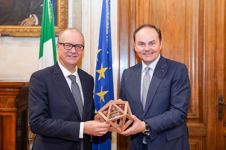 Giuseppe Valditara, Italian minister for education and merit, with Altagamma chairman Matteo Lunelli as they collaborate for the third time on the Adopt a School project to train students as they consider a career in artisanship. Image: Altagamma