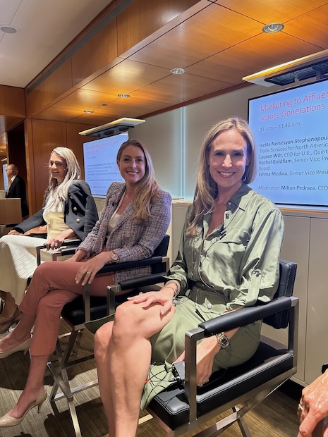 The other speakers for the "Marketing to Affluent Women Consumers Across Generations" panel at the Luxury Women Leaders Summit New York. From left to right: De Beers' Ivette Nersesyan-Stephanopoulos, Quintessentially's Lauren and Veronica Beard's Rachel Goldflam