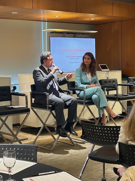 Mickey ALAM KHAN, CEO of Luxury Roundtable, and Kate Alini, head of client and brand experience – Americas at Rolls-Royce Motor Cars, speaking at Luxury Roundtable's Luxury Women Leaders Summit New York June 13