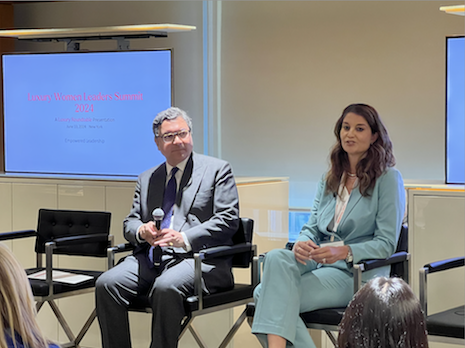 Mickey ALAM KHAN, CEO of Luxury Roundtable, and Kate Alini, head of client and brand experience – Americas at Rolls-Royce Motor Cars, speaking at Luxury Roundtable's Luxury Women Leaders Summit New York June 13