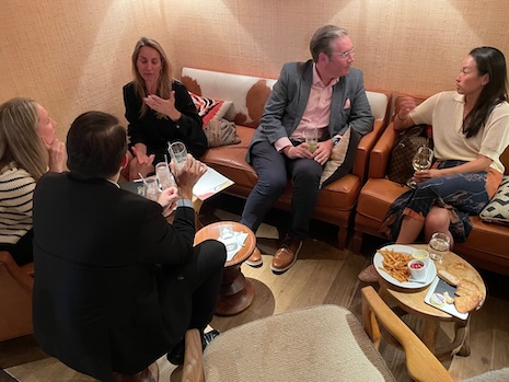 From left with back to the camera, clockwise: UBS' Eric Berger, QuadReal Property Group (Oakridge Park) exec Tara Brockelmann, Verderoccia's Gaia Leonori Pratesi, UBS' Michael Guild and DLG (Digital Luxury Group) partner Iris Chan