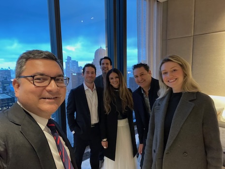 Visitors on property tour of 111 West 57th Street. From left to right: Luxury Roundtable's Mickey ALAM KHAN, Sotheby's International Realty's Ben Pofcher, Marketing Luxury Group's Michael LaFido, Elias World Media's Monica Elias and Hammond International Properties' Cali Bajer and Jerry Hammond